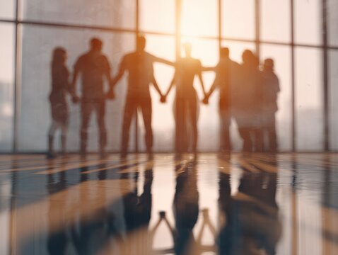 corporate team trust exercise on a blured office background with natural sunlight