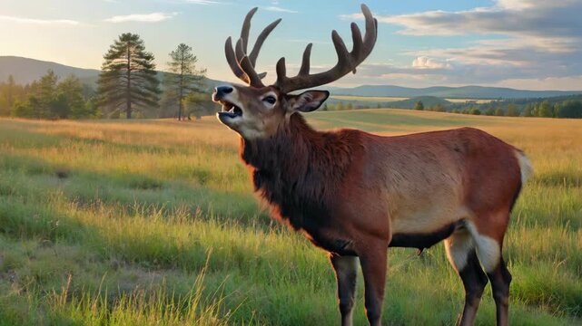 The call of an elk with its mouth open on the grassland and a stag on the grass