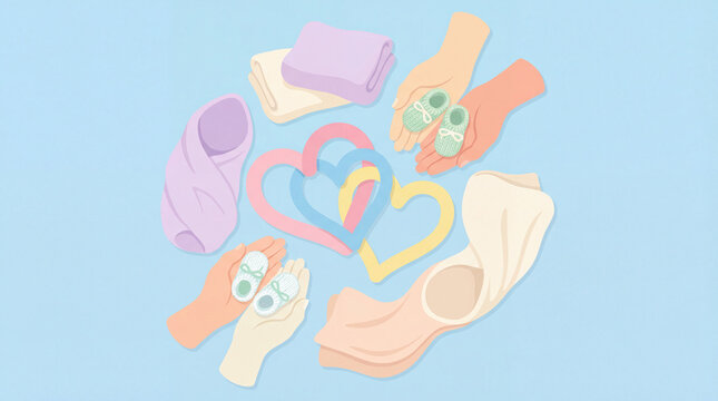 Newborn baby care illustration set, pastel infant clothing and accessories collection, hands holding tiny booties with hearts on blue background