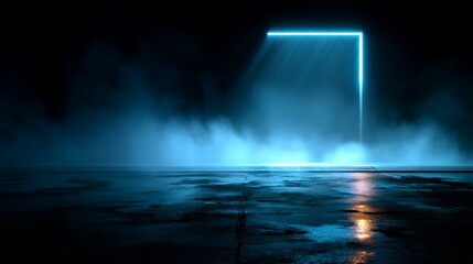 Obraz premium Light shines through a dark doorway with mist rising from the ground in an empty space at night