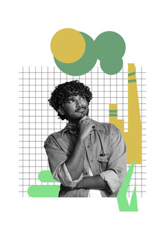 Creative trend artwork design 3D collage sketch of climate change ecosystem factory plant planet resources pollution young man stand think