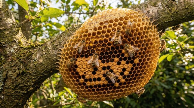 Wild honey bees are working on a natural honeycomb hanging from a tree branch. Filling hexagonal cells with golden honey and pollen. Showcasing nature's architecture and the importance of pollination