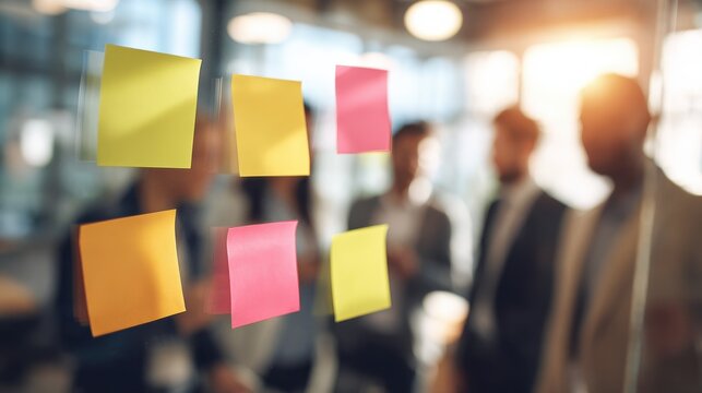 business team brainstorming sticky notes with blured businessbackground and natural sunlight