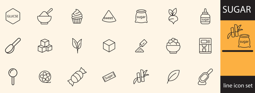 A collection of minimalist line icons depicting various forms of sugar sweeteners and related ingredients on a beige background high quality professional detailed
