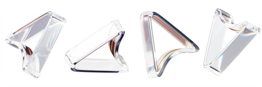 3d set of glass arrow cursors in outline style with rainbow light refraction effect on black background. Transparent computer mouse icons, click pointers, crystal navigation elements