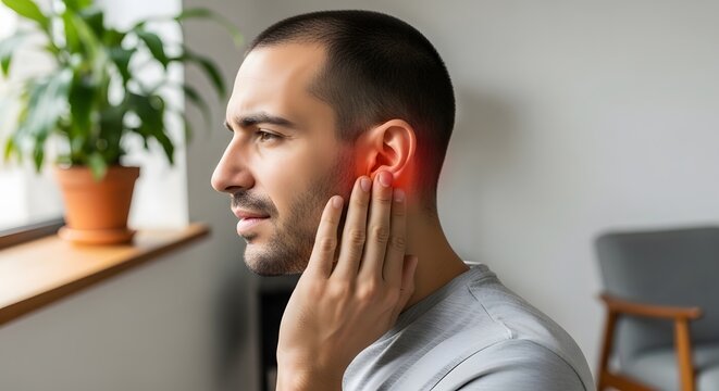 Man experiencing ear discomfort and auditory canal pain. Ear infection and health care concept. Male touching his ear with a focused expression inside a room
