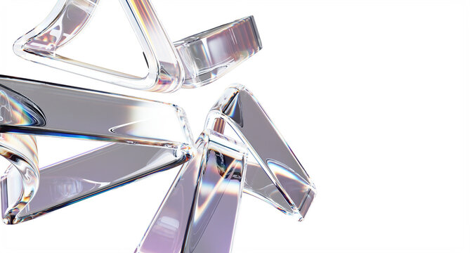 Liquid glass triangle 3d shapes flying on black background. Abstract bg with transparent arrow cursors, click pointers or navigation elements. Color spectrum design, dispersion effect