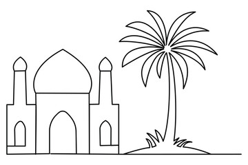 Obraz premium Mosque icon in a minimalist one line art drawing with a palm tree