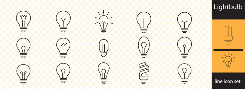 A collection of various line art lightbulb icons in differing styles and shapes are displayed on a patterned background high quality professional detailed