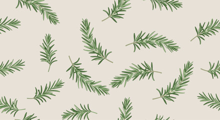 Obraz premium Fresh rosemary sprigs and green herb leaves arranged in a seamless repeating pattern over a light beige background for design.