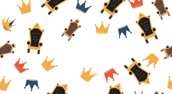 Playful seamless pattern featuring a variety of royal golden thrones and colorful crowns scattered randomly across a clean white background.