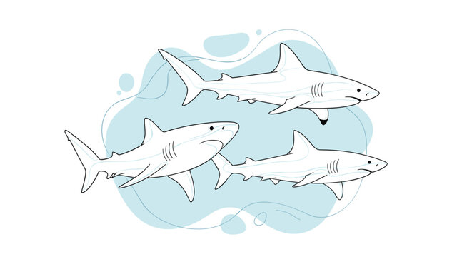 Set of three detailed shark illustrations swimming together in various positions over an abstract blue water background for sea life.