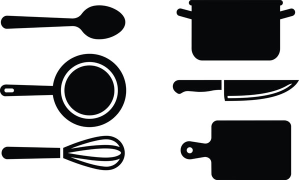 Kitchen cooking utensils and cookware set black silhouette icons for culinary design