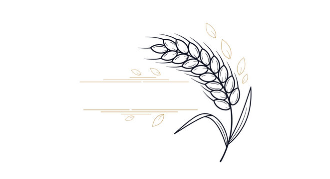 Delicate hand drawn illustration of a wheat stalk with grains and floating leaves for organic farming or healthy bakery branding.