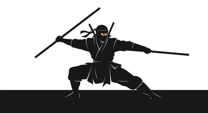 Ninja warrior silhouette in an active combat stance holding a staff against a divided black and white background for martial arts.