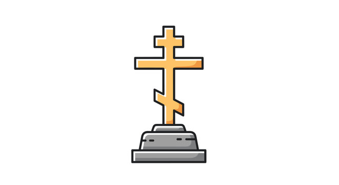 Orthodox Christian cross monument with a golden finish standing on a tiered grey stone base for religious memorial and cemetery icons.