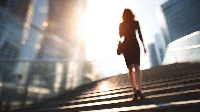 corporate woman stairs walking with blured businessbackground and natural sunlight