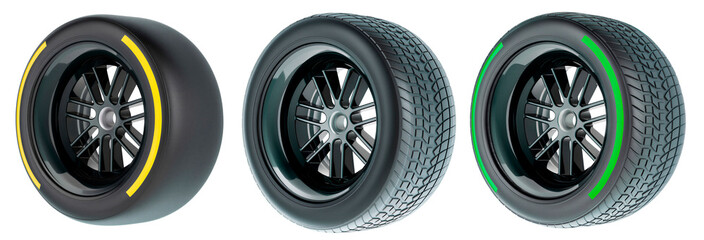 Obraz premium set collection Racing or competition tire, black wheel soft tyre hard medium soft compound template strategy team principal isolated transparent background. PNG
