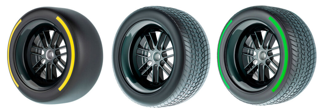 set collection Racing or competition tire, black wheel soft tyre hard medium soft compound template strategy team principal isolated transparent background. PNG