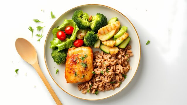 A healthy gourmet dish of grilled and fried chicken breast served on a white plate with fresh green salad vegetables and rice for a delicious dinner meal