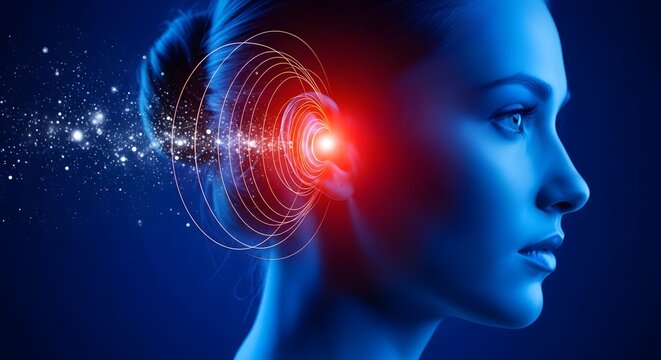 Digital representation of tinnitus and hearing sensitivity. Modern audiology and noise pollution. Woman profile with circular sound waves radiating from her ear