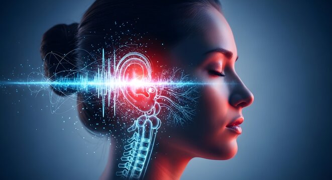 Nerve system and auditory pathway illustration. Neurology and sensory perception. Profile of woman with digital skeleton and nervous system showing ear connectivity