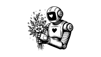 Fototapeta premium A robot holding a bouquet of flowers with a heart on its chest