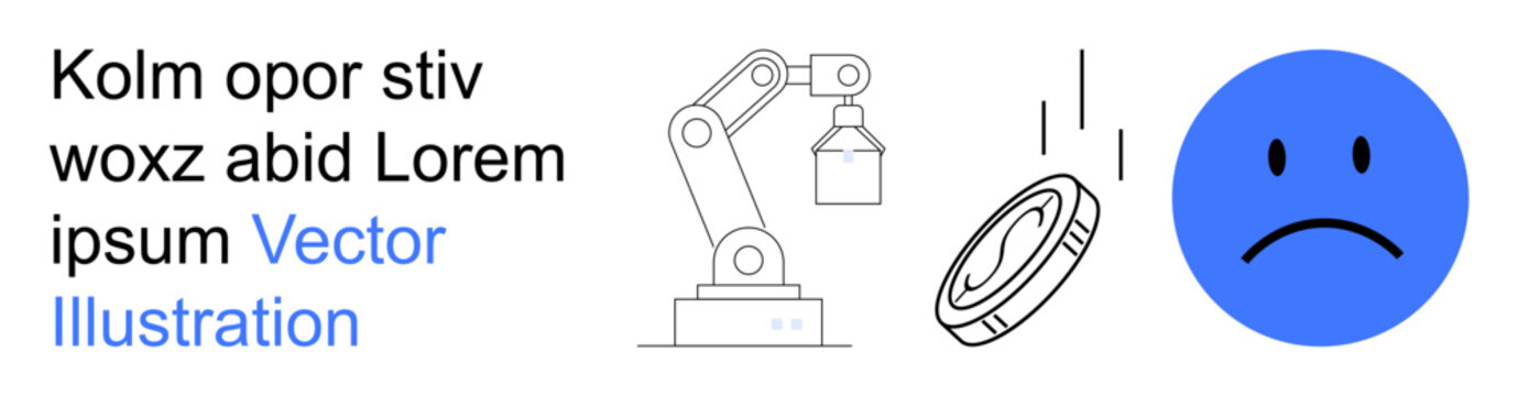 Automation, industry, economic impact, emotional response, technology, innovation. Features a robotic arm, coin and a sad face. Automation and economic impact in one frame