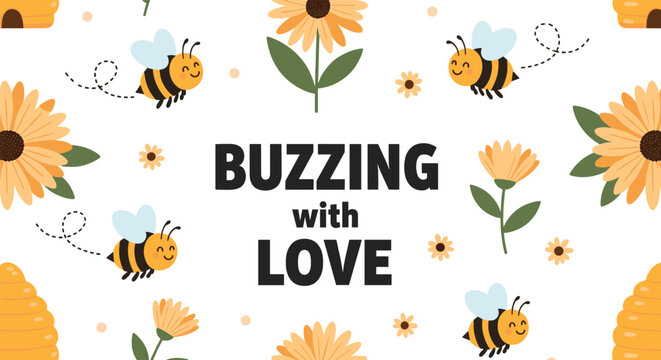 Heartwarming pattern design featuring cute cartoon bees and bright sunflowers surrounding the affectionate text buzzing with love.