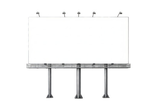 Large rectangular billboard structure with three metal support pillars and top mounted lighting