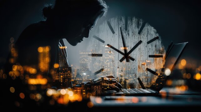 Business woman working late at night, double exposure of city skyline and digital clock ticking, deadline and time management concept 