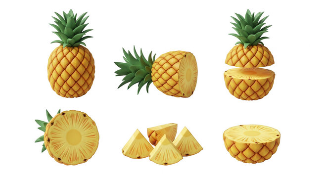 pineapple fruit stages whole halved sliced and segmented isolated on a white backdrop healthy eating visuals