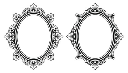 Obraz premium A pair of ornate oval picture frames in black and white illustration