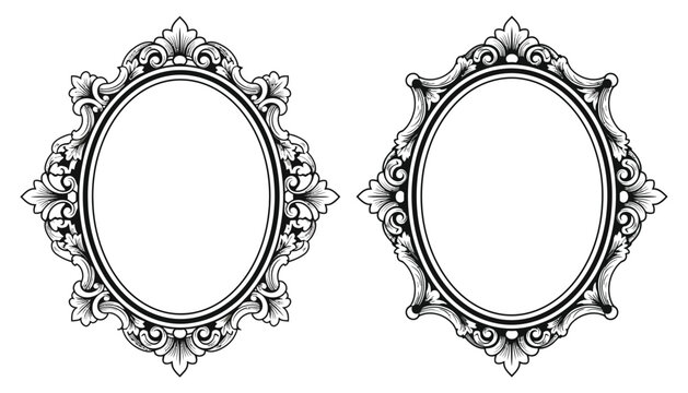 A pair of ornate oval picture frames in black and white illustration