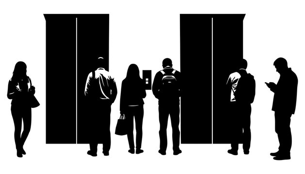 People silhouette waiting for elevator in a modern building lobby