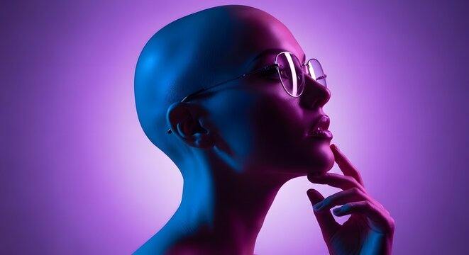 Bald woman in neon profile lighting. Creative portrait and futuristic aesthetics. Young woman wearing glasses looking up with hand on chin in pink and blue light