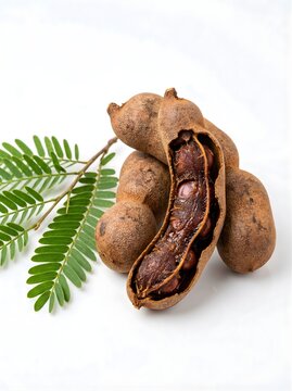 Fresh Sweet Tamarind Fruits with Green Leaves Isolated on White Background