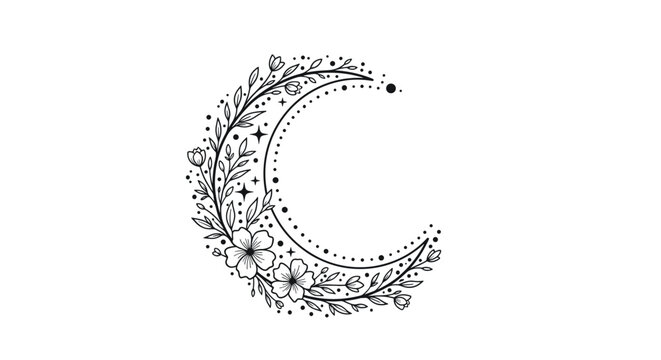 Ornate black and white line art of a crescent moon silhouette intricately decorated with flowers, leaves, and tiny stars.
