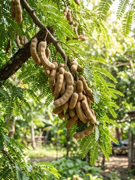 Fresh Tamarind Fruits Hanging on Tree Branch in Sunlight