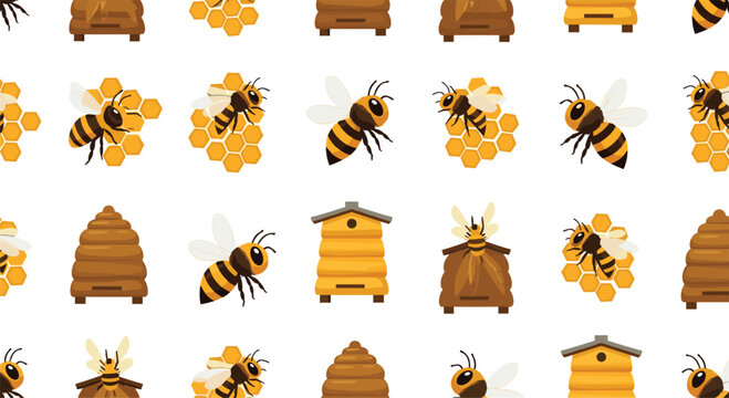 Detailed seamless pattern featuring cartoon honeybees, traditional beehives, and golden hexagonal honeycomb structures.