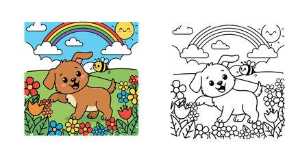 Naklejka premium dorable illustration of a playful puppy and a friendly bee in a vibrant flower field