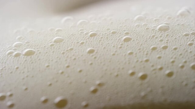 Macro tracking slow motion view of beer foam bubbling and rising on surface of poured glass in close up bar setting