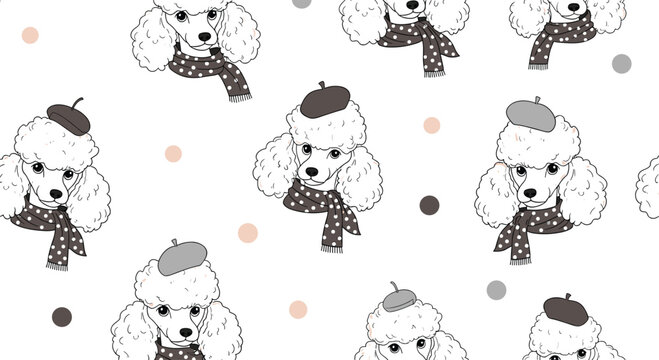 Whimsical seamless pattern of chic white poodle dogs wearing stylish French berets and polka dot scarves with neutral dots.