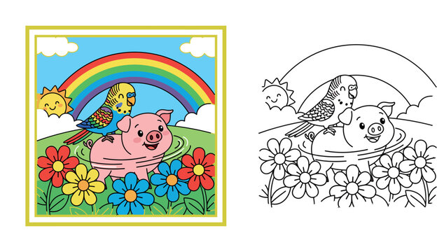 Cheerful illustration of a cute pig and a colorful parakeet in a vibrant flower field under a rainbow