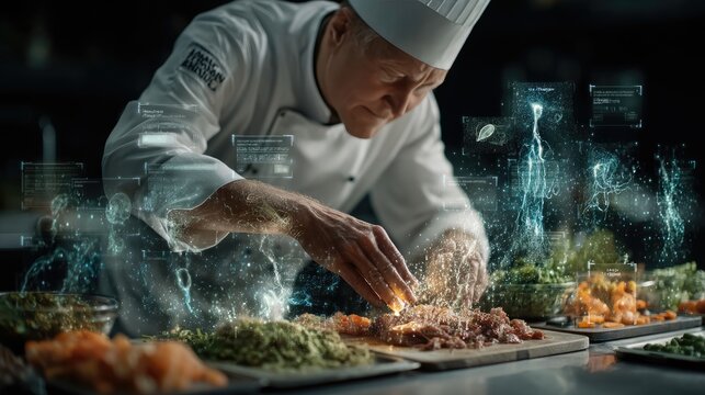 Chef cooking in kitchen, holographic nutritional info labels floating near ingredients, food science concept 