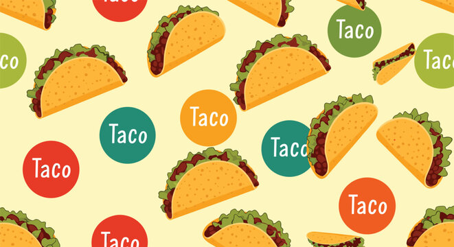Fun and appetizing seamless pattern of mexican tacos with lettuce and meat alongside taco text in colorful circles.