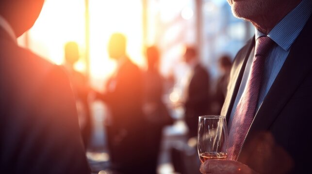 businessman networking cocktail event with blured businessbackground and natural sunlight