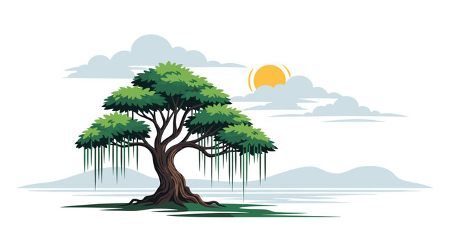 Beautiful illustration of a large banyan tree with hanging roots standing near mountains under a bright yellow sun and soft white clouds.