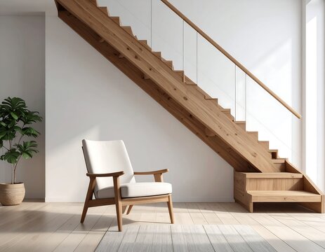 Modern interior with wooden staircase, white walls, comfortable chair, and potted plant, creating a bright and airy space