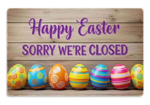 Easter eggs on a wooden sign with happy easter and sorry were closed text